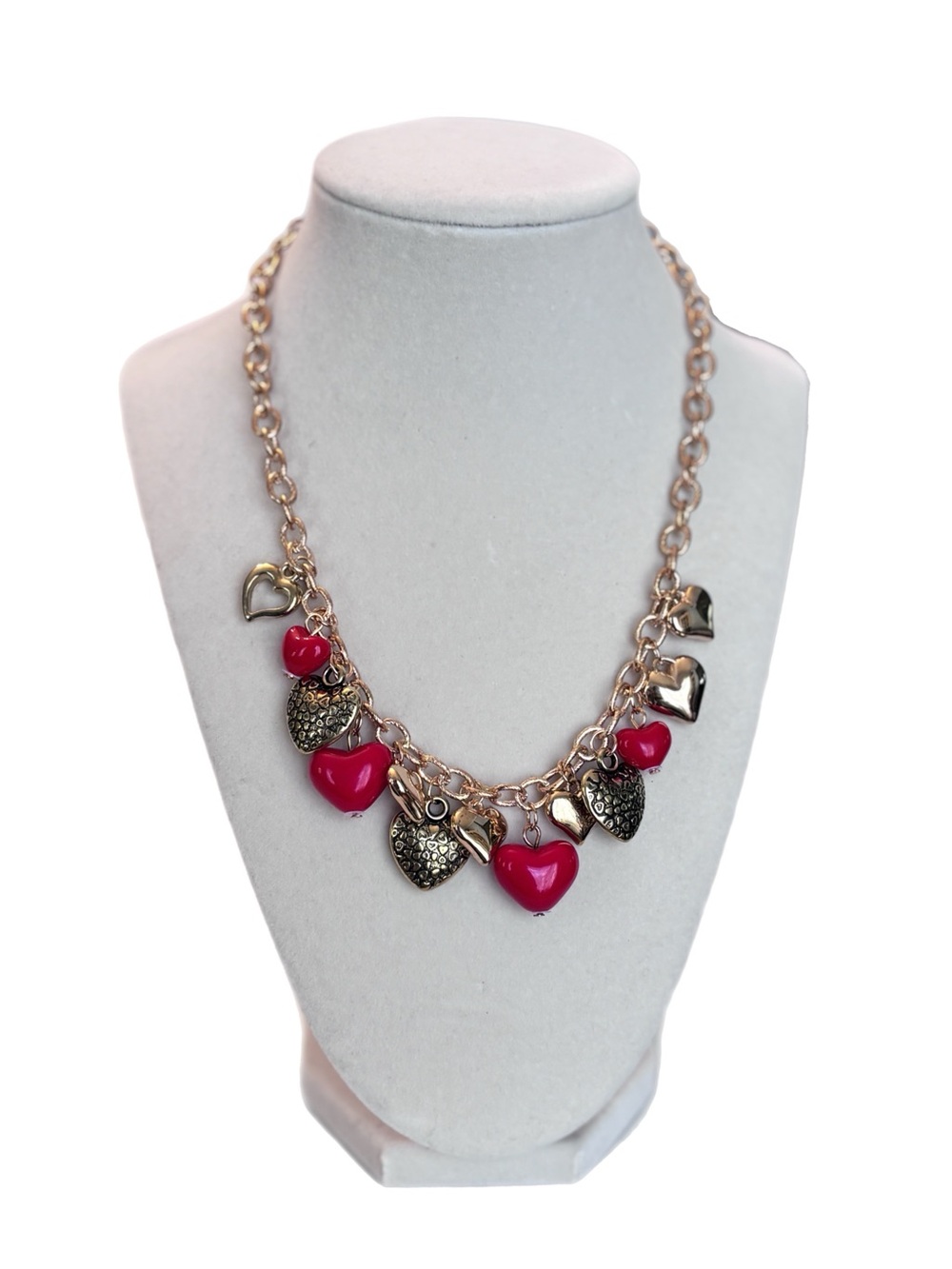 Red and Gold Heart Charms with Gold Chain Necklace